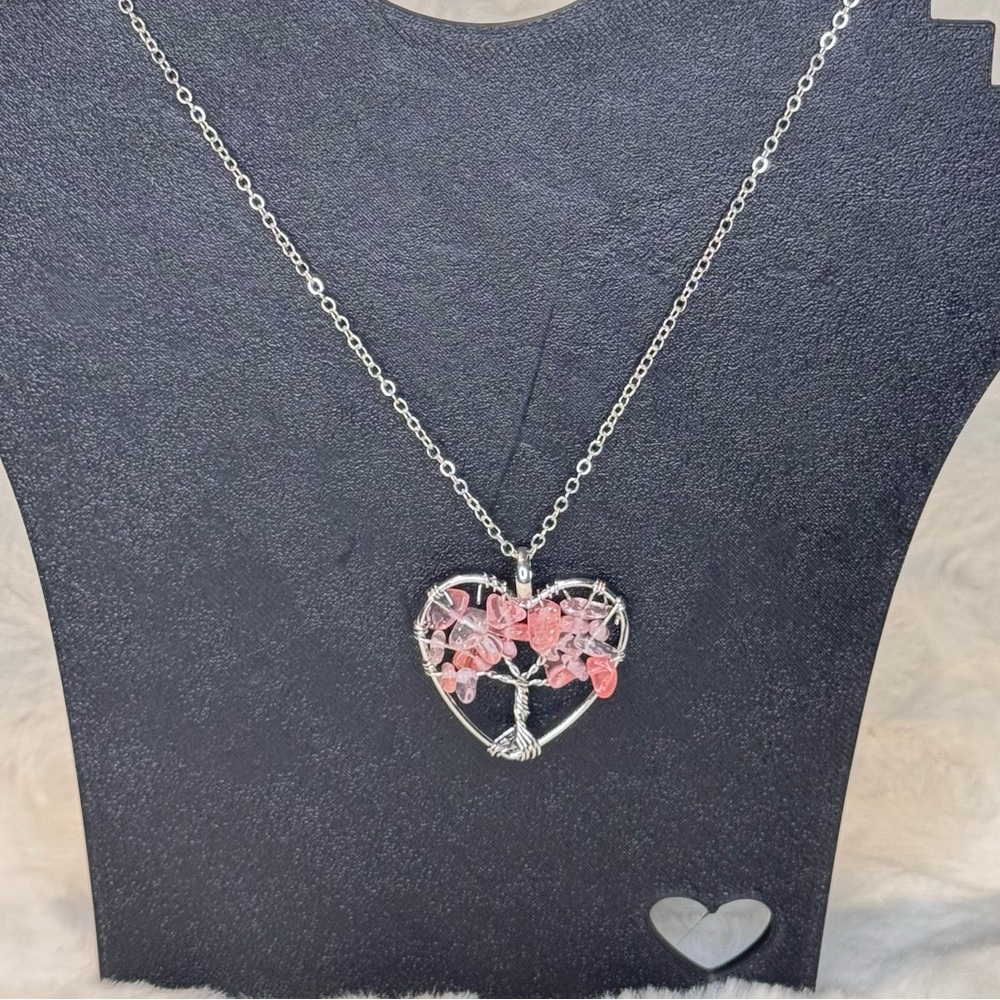 Tree of Life Silver Wire Heart Necklace w/Pink gemstone Accents on silver chain